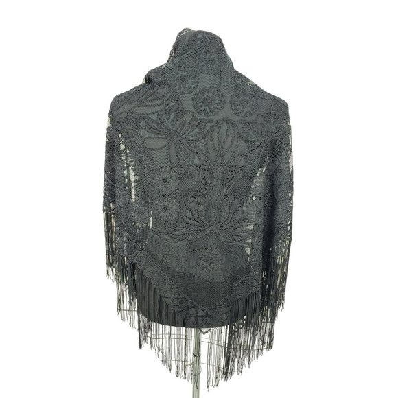 INC International Concepts Black Lace Fringe Floral Evening Shawl Wrap - Picture 1 of 8